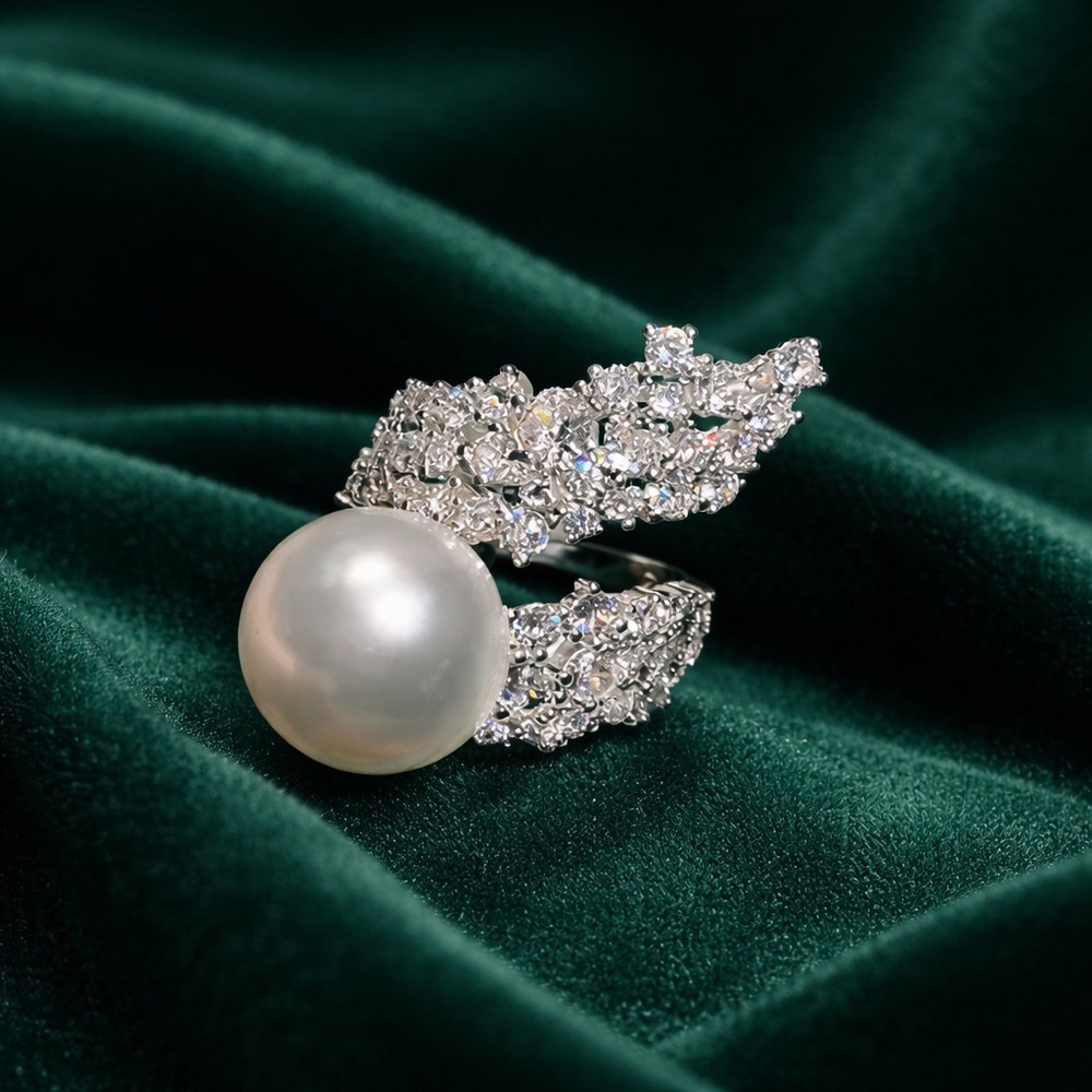 Luxe Pearl Diamond Wrap Ring | Statement Leaf Design | Adjustable - Picture 10 of 10